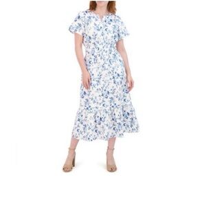 NWT French Connection short-sleeved maxi dress, size small, white- blue flowers